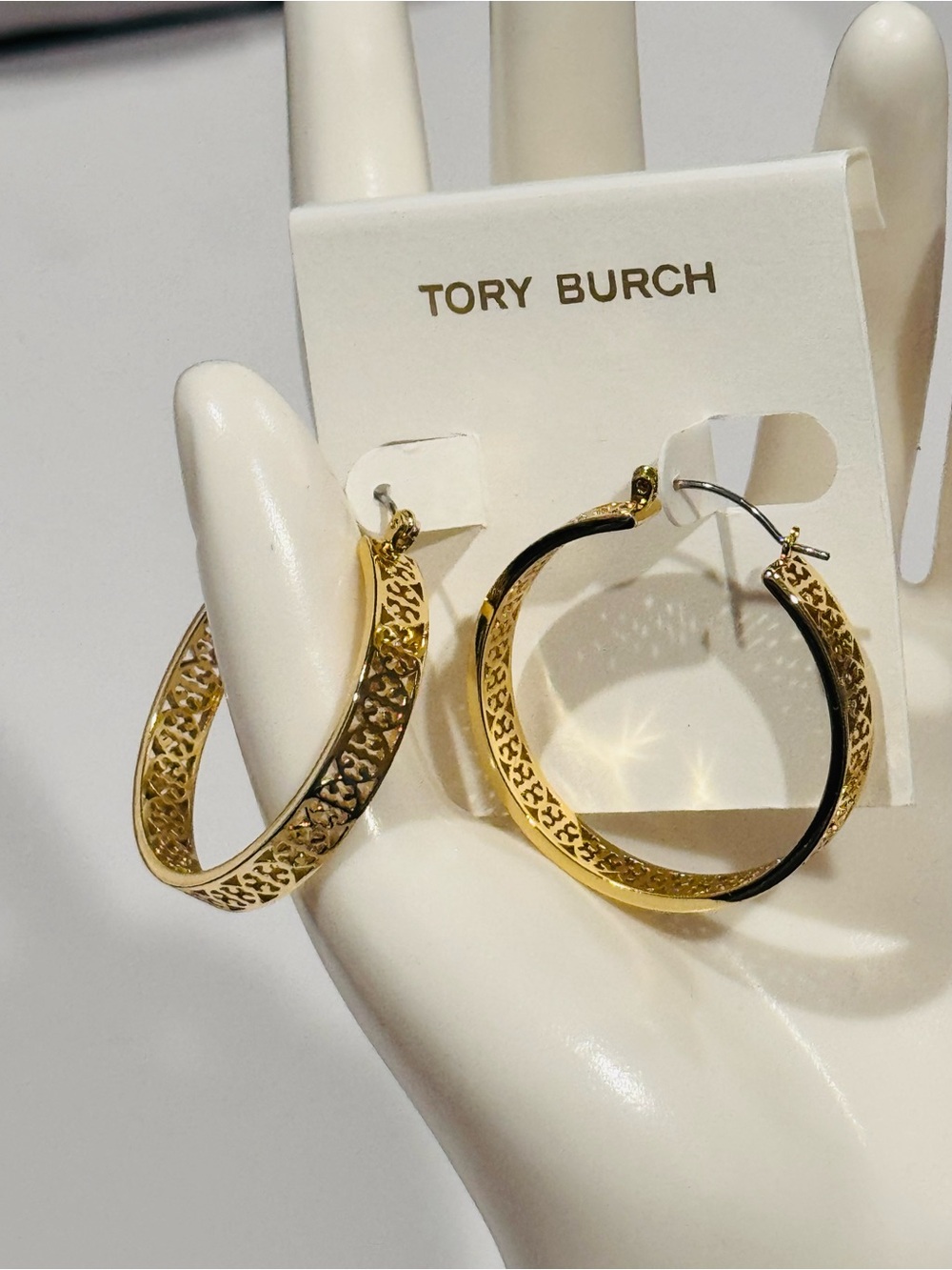 NWT Tory Burch Gold Miller Cutout Logo Filigree Hoop Earrings